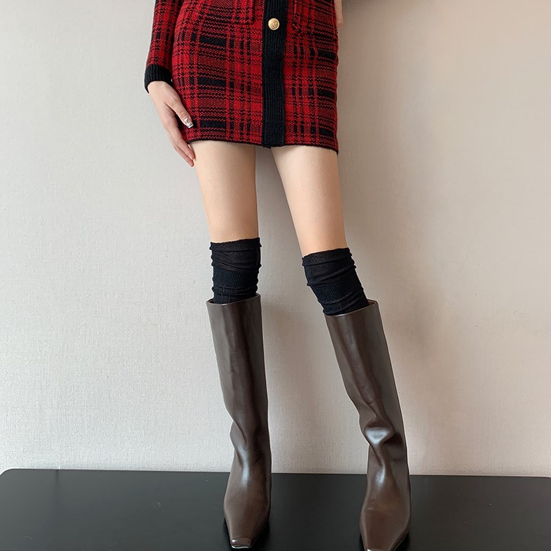 多巴胺克莱因蓝长筒过膝靴袜春秋薄款粉色高N筒袜黑色堆堆袜配靴