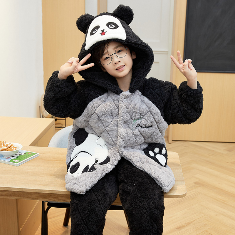 儿童睡衣珊瑚绒男童冬季加绒加厚B法兰绒三层夹棉中大童男孩家居