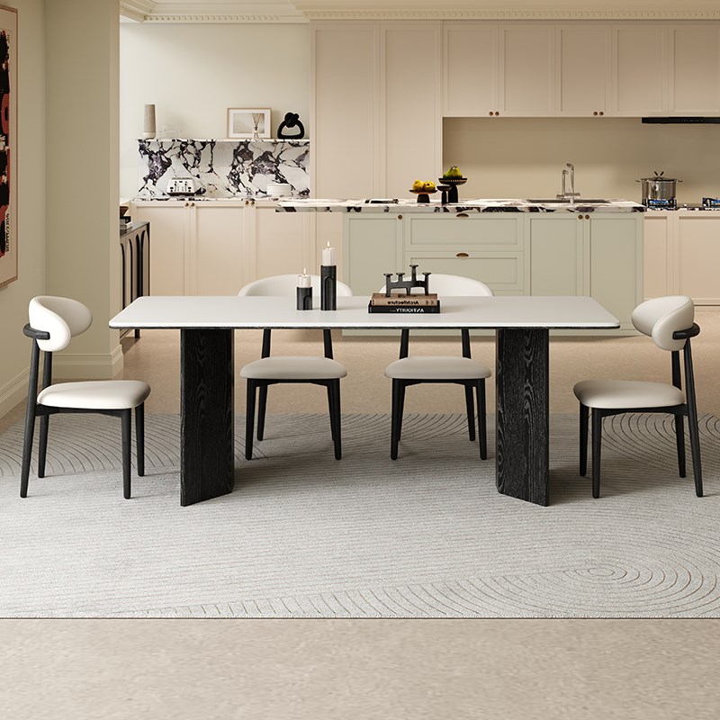 洞石岩板餐桌椅组合长方形意式简约H白蜡木家用法式复古饭桌