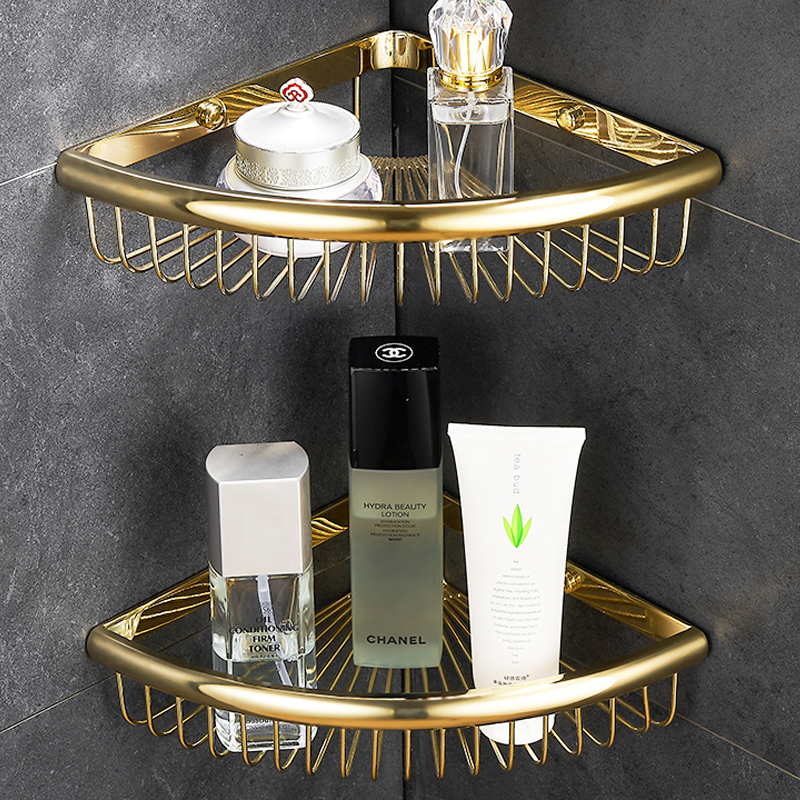 卫生间全铜三角篮浴室置物架免打孔淋浴房金色转角网篮.双层三角