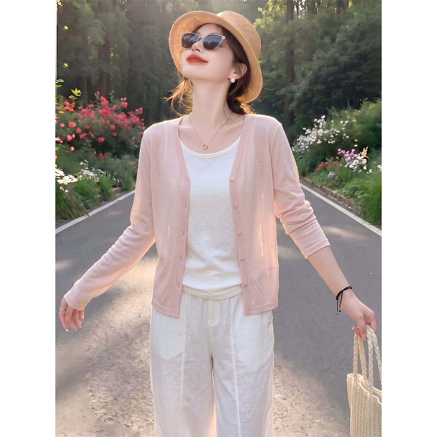 冰丝薄款粉色小香风防晒针织开衫女夏日吊带裙子外搭天丝长袖上衣