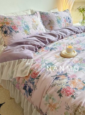 蔷薇花开c复古国风浪漫紫色全棉100s长绒棉四件套雪纺纱花边被套