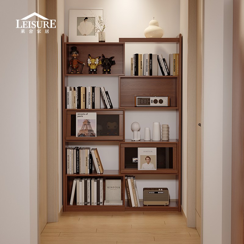 莱舍北欧伸缩实木书柜组合小户型玄关书架K客厅展示柜中古风装饰