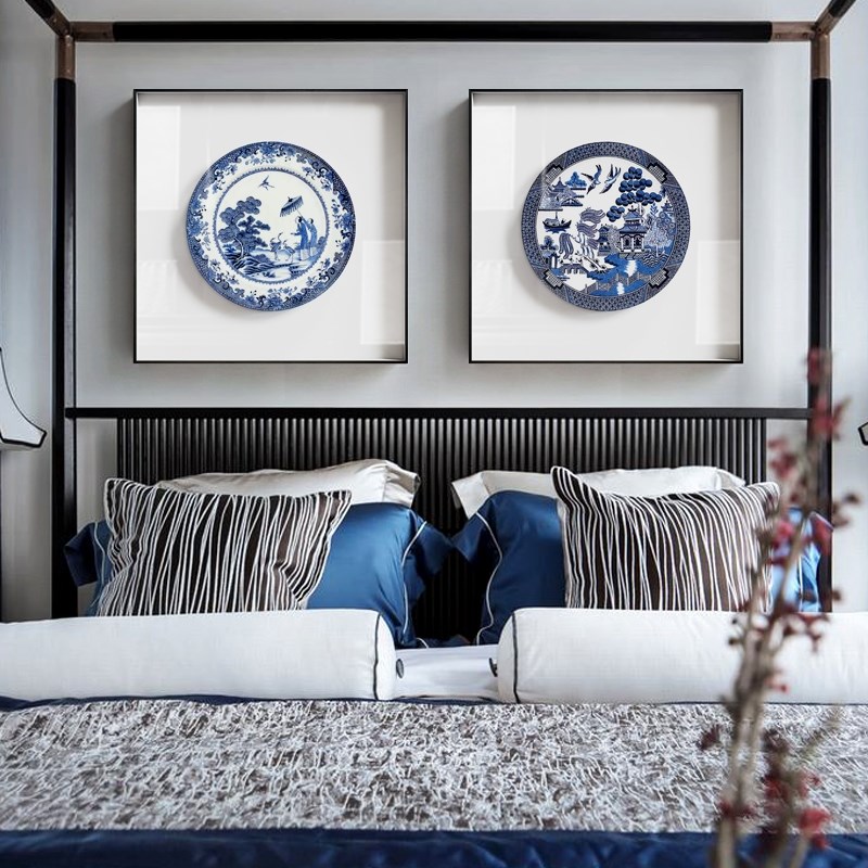 网红青釉 新中式青花瓷装饰画简约餐厅蓝色挂画中国风Z客厅玄关壁