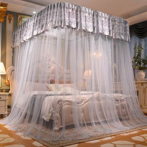 欧式导轨蚊帐可伸缩U型拉幕式蚊帐免打墙宫廷蚊帐床幔价