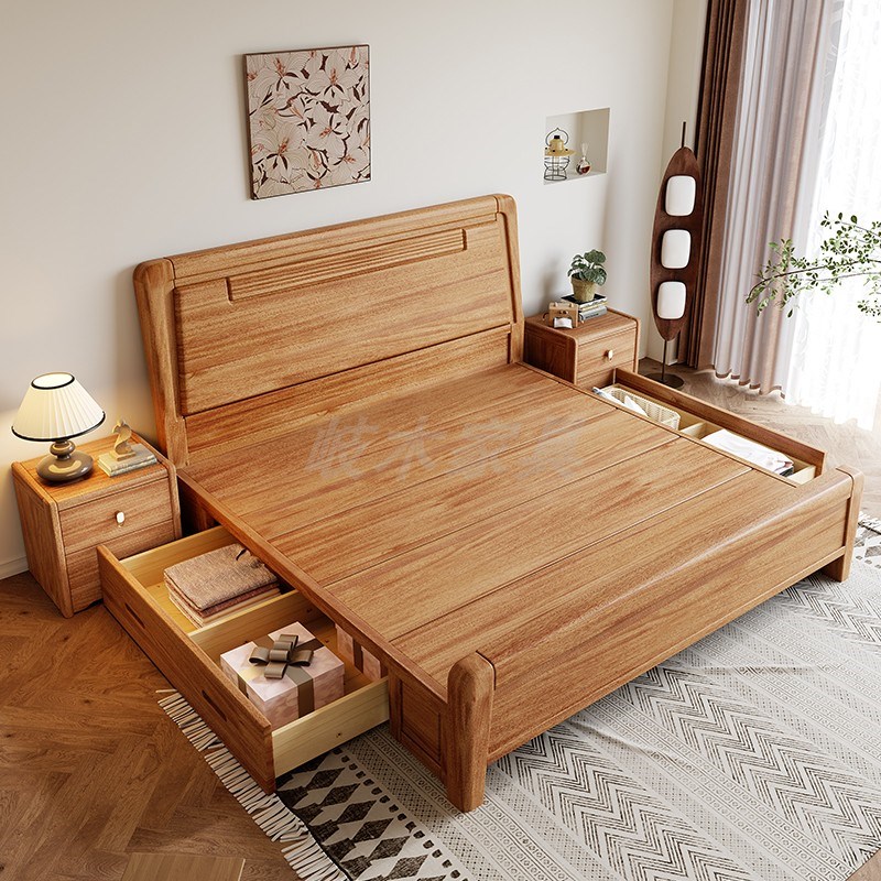 金丝檀木榫卯全原木实木床1u.8米主卧双人床1.5米气压抽屉储物婚