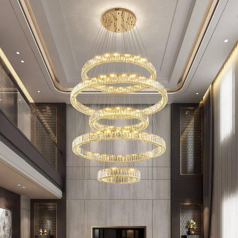 轻奢别墅复式楼大吊灯客厅灯2024年新款挑空水晶灯圆形楼梯长吊灯