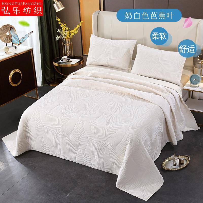 水晶绒绗缝被三件套奶白色棕榈叶床盖欧式夏凉被简约三件