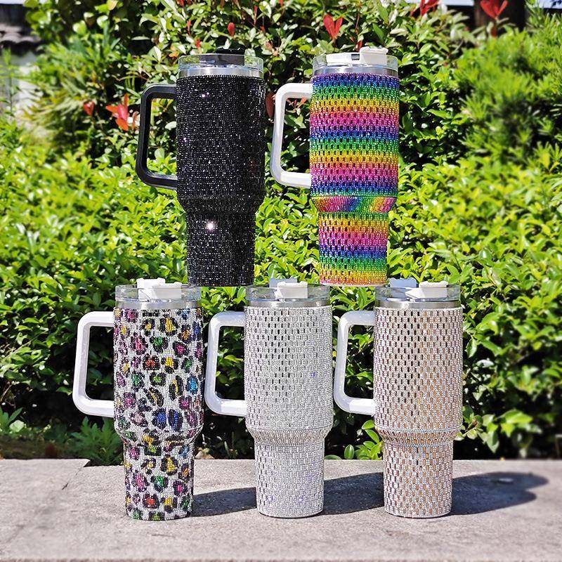 新款高档水晶贴钻40oz手柄杯镶钻大容量冰霸杯带吸管保温杯