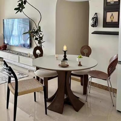 复古风古风实木岩板餐桌圆桌家用小户型现代圆形简约饭桌法式