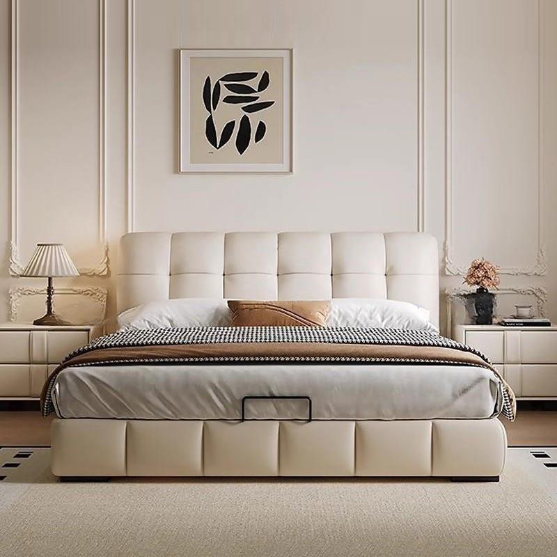 意式极简现代简约泡芙床床复古奶油风主卧双人床中古风储物真皮床