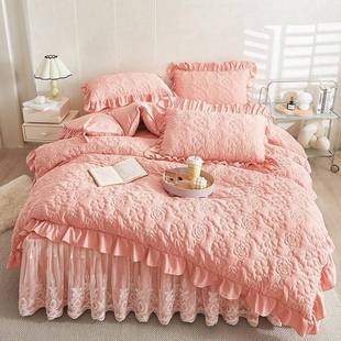 四季 通用四件套水洗棉刺绣蕾丝被套A类夹棉公主床裙罩1.8床品