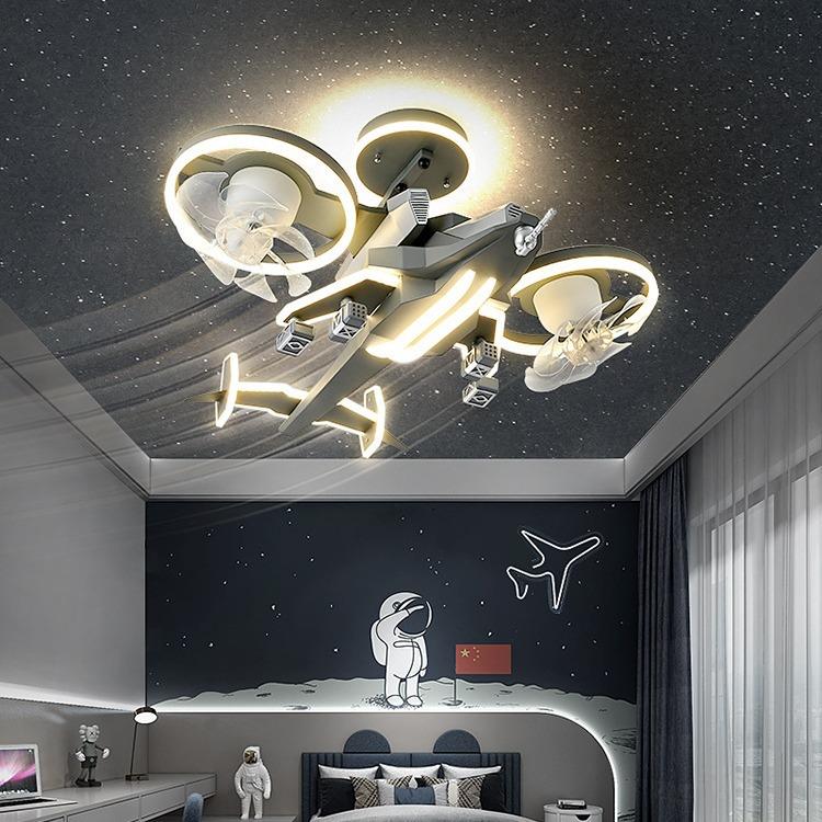 飞机风扇灯儿童房卧室灯男孩创意网红飞机模型电扇灯男童房间吊灯