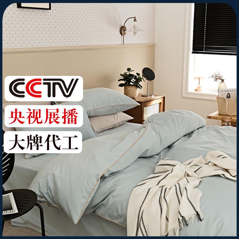 轻奢100支长绒棉全棉磨毛四件套纯棉刺绣简约纯色被套床单秋冬厚