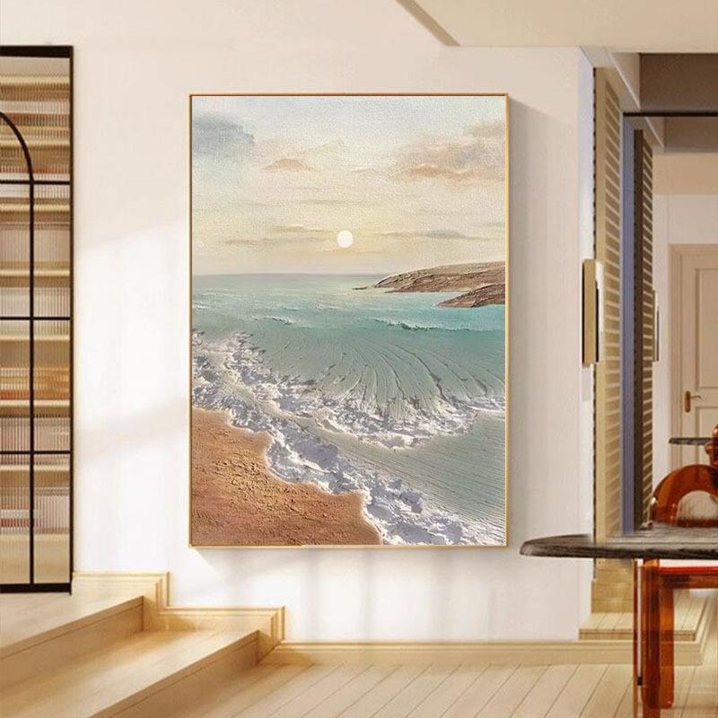纯手绘油画极简轻奢客厅装饰画立体肌理奶油风海景日出过道挂画
