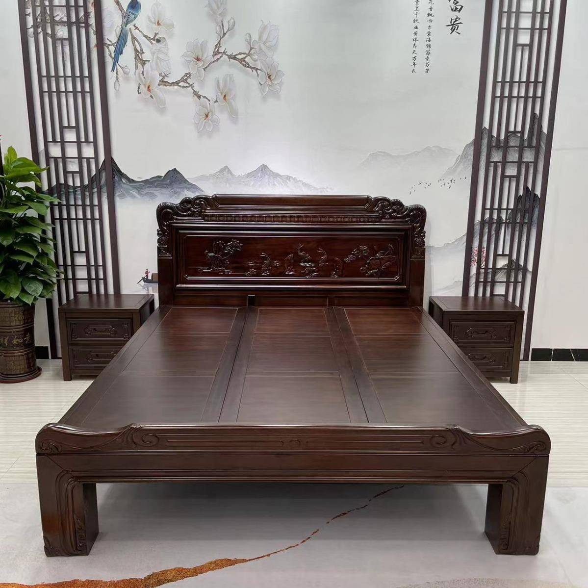 南美紫檀木全实木主卧大床双人床1米8榫卯雕花古典中式婚床大床