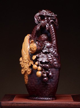 黑檀木雕花梨大丰收摆件实木质五谷丰登家居客厅R装饰店铺开业送