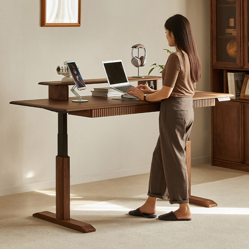 北美黑胡桃木e升降书桌实木电动办公桌吧台桌多用智能双电机工作