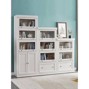 实木书柜储物收纳柜玻璃门防尘书橱儿童家用落地书架美式 简约矮柜