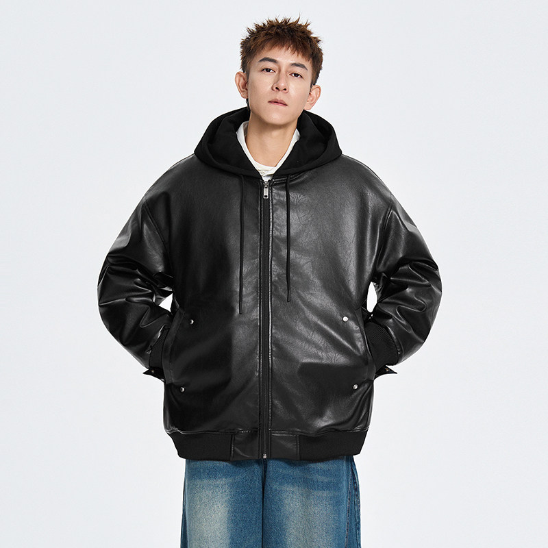 冬季美式假两件连帽皮衣外套男复古潮牌防风保暖加厚棉衣