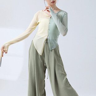 古典舞身韵纱衣女撞色拼接套指长袖 不对称下摆舞蹈服现代舞演出服