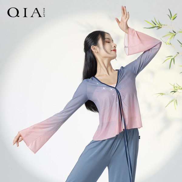 琪亚古典舞练功服女渐变色系带纱衣中国舞蹈服演出服弹力网纱上衣