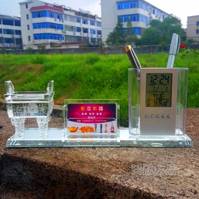 水晶笔筒三件套一言九鼎摆件名片夹定做办公用品笔筒摆件留念