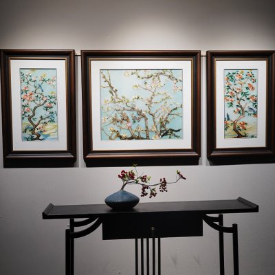 苏绣成品客厅挂画纯手工礼品花卉刺绣沙发背景墙新中式三联装饰画