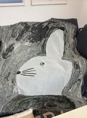 黑白兔沙发毯挂毯抽象简约水彩素描文艺术创意个性户外室内多用毯