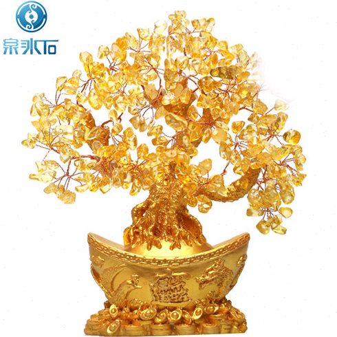 泉冰石黄色水晶树摆件黄水晶元宝树家居玄关装饰品乔迁开业礼物