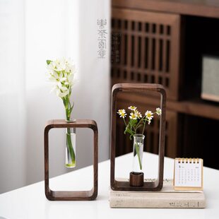 胡桃木试管艺术玻璃小花花瓶道实木水培插台面北挂壁美花器花家居