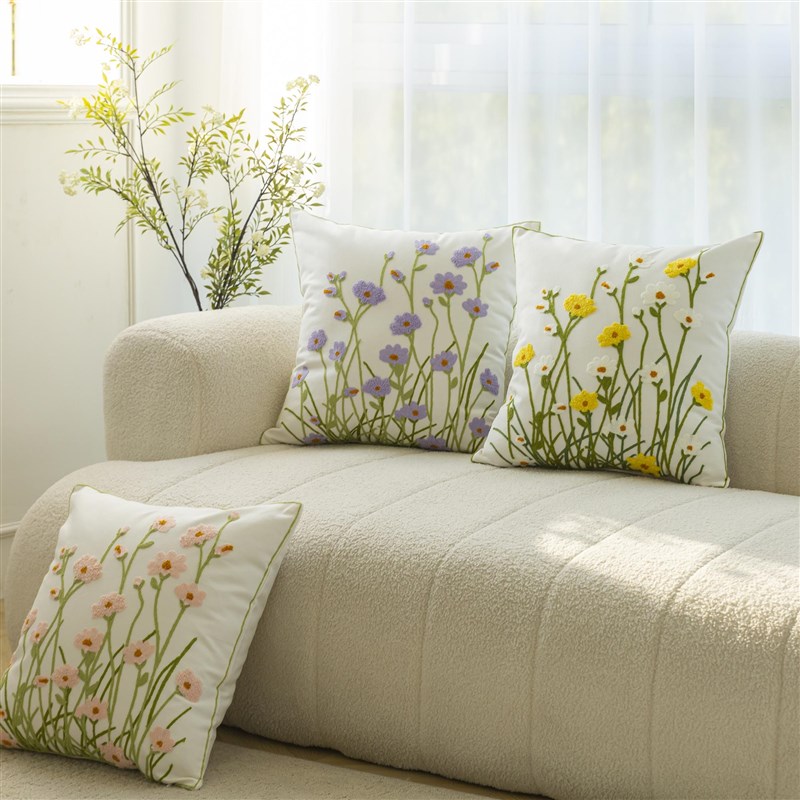 依兮新款沙发e客厅靠枕刺绣靠垫田园棉帆布抱枕套靠垫45x45不含芯
