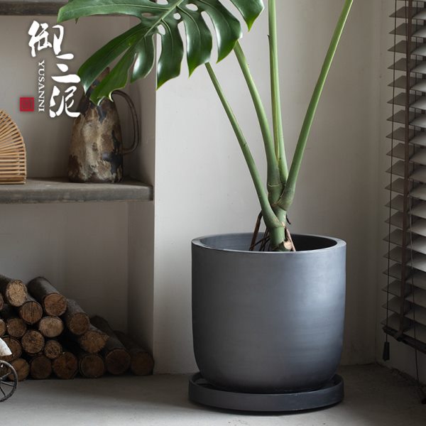 黑色陶瓷绿植盆水培北欧高级感花盆现代简约大口径室内植物带托盘