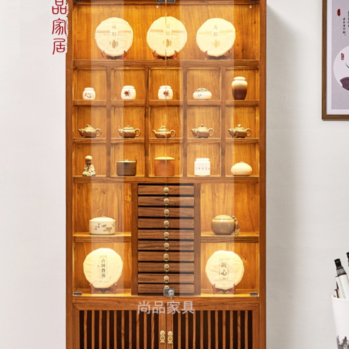实木紫砂壶展示架榆木茶饼玻璃柜置物架博古架茶具茶杯建盏收纳柜