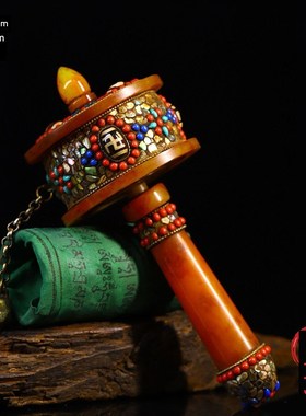 藏区回流老蜜蜡镶嵌宝石天珠手摇转经简手L工覆古转金筒桌面摆件