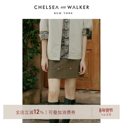 Chelsea and Walker麂皮绒半身裙2025新品复古显瘦A字裙百搭短裙
