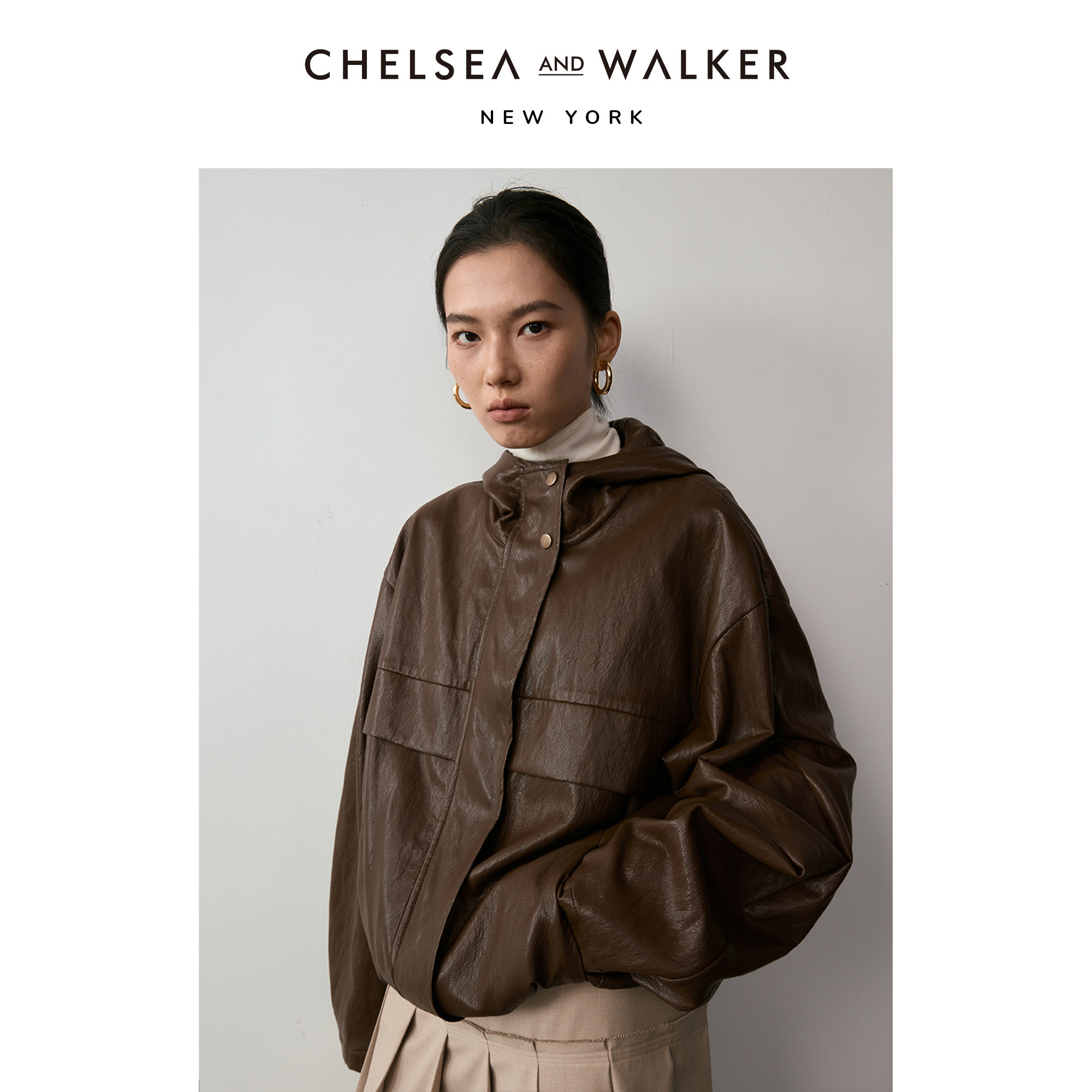 Chelsea and Walker廓形感软皮连帽皮衣秋冬新款宽松遮肉高级外套