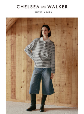 Chelsea and Walker休闲百搭元气感条纹POLO长袖秋季上衣女通勤