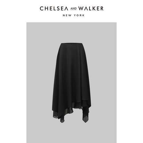 Chelsea and Walker立裁缎面不规则拼接黑色半身裙2026夏百搭裙子