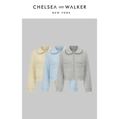 Chelsea and Walker美利奴羊毛针织开衫温柔花边娃娃领小香风毛衣