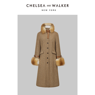 Chelsea Walker复古感狐狸毛领收腰全羊毛大衣 and