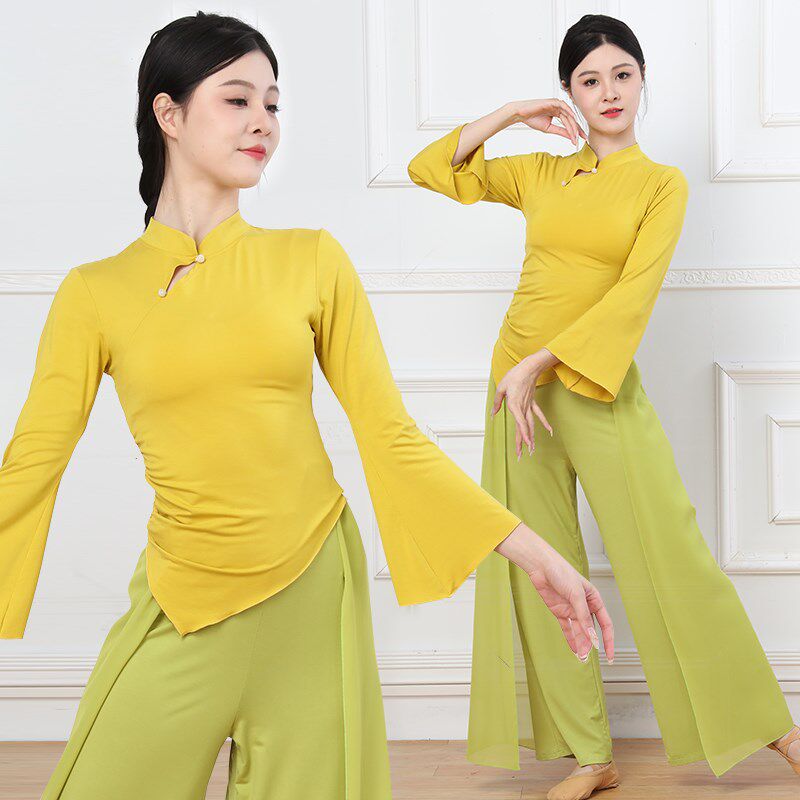 舞蹈服形体服旗袍领练功古典舞民族舞中国舞飘逸喇叭袖表演服上衣