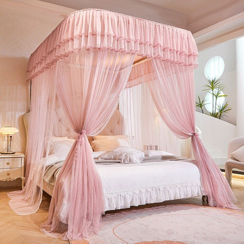 2024奶油风U型导轨双层花边落地导轨蚊帐紫色三开门公主风加高