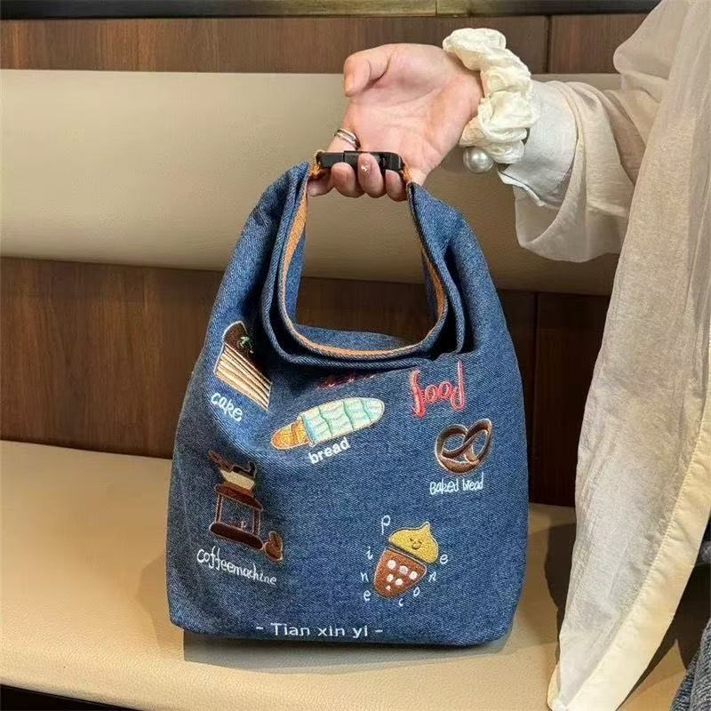 新款刺绣牛仔布保温饭盒袋便携手提上班学生便S当包露营包野餐包