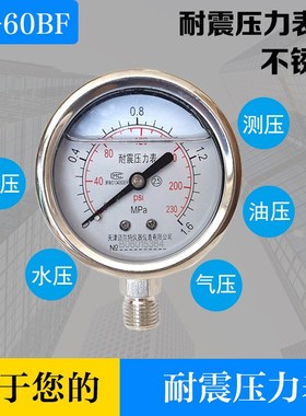 不锈钢耐震压力表YN-60BF 0-1.6MEPA 耐高温防腐蚀不锈钢304压力
