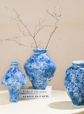 陶瓷花瓶水培客厅高级纹复古民宿新中式插花餐桌摆件鲜花蓝色锤感