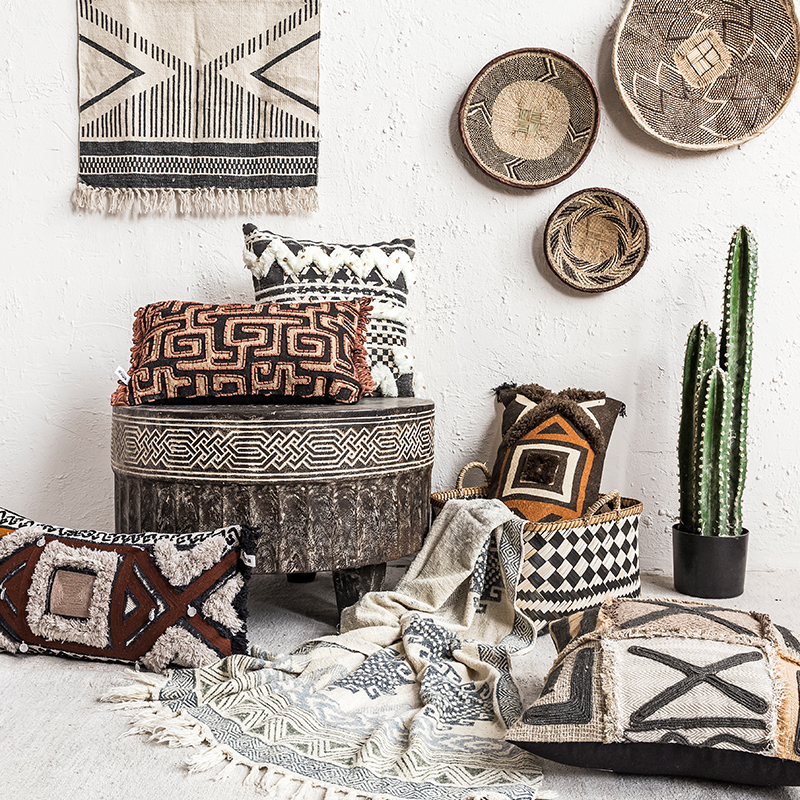 视觉味道 进口摩洛p哥风格长条手工剪花棉抱枕北欧创意几何靠垫