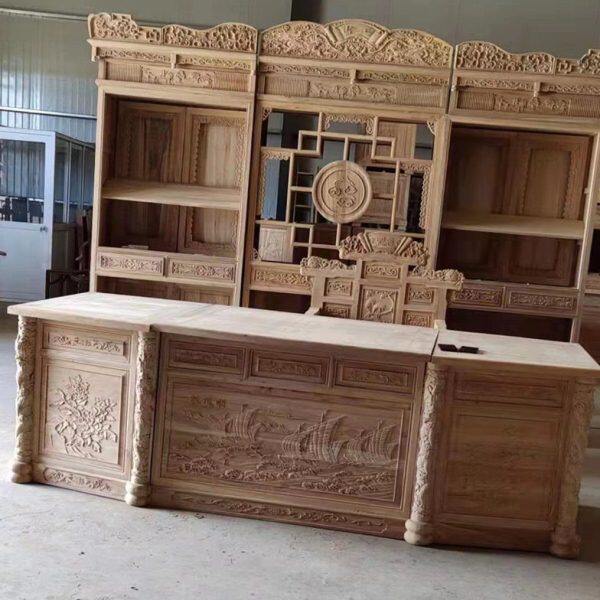 老榆木中式实木办公桌椅组合老板桌白茬白胚大班台写字台书桌书柜