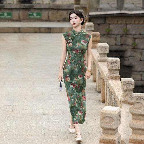 绿色无袖国风新中式日常苏州长款旗袍改良年轻款2026新款女高级感