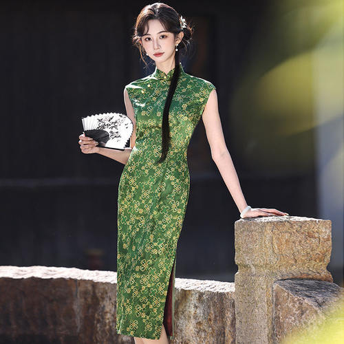 绿色无袖国风新中式日常苏州长款旗袍改良年轻款2026新款女高级感